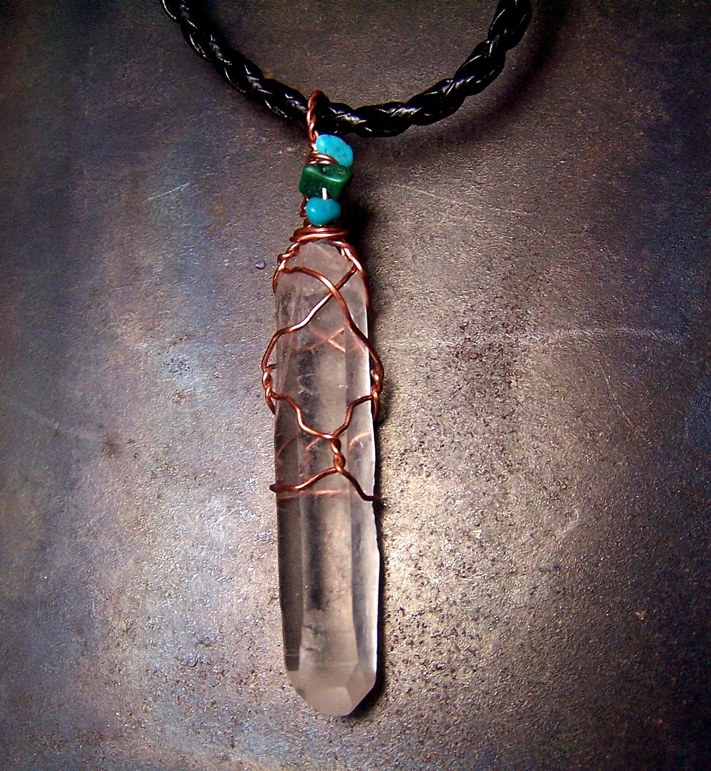 Quartz crystal - Copper wire wrap necklace - pendant on black cord - Clear Quartz crystal point - with Malachite and Turquoise