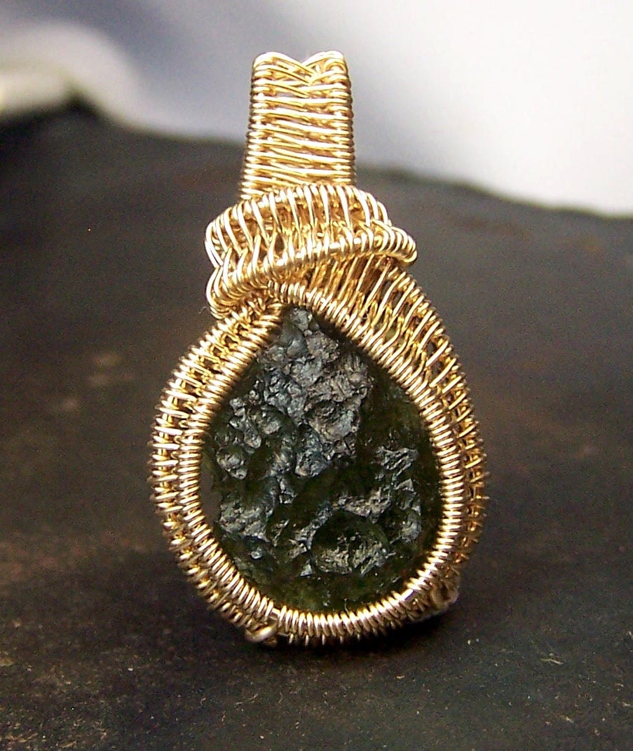 Moldavite necklace pendant - 14 Karat Gold fill wire wrap - single stone - crystal gem mineral wire wrapped - mandalarain