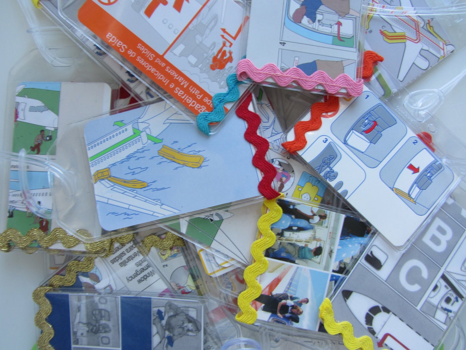 Luggage Tag- made from real airline safety cards- Choose  your Ric Rac color