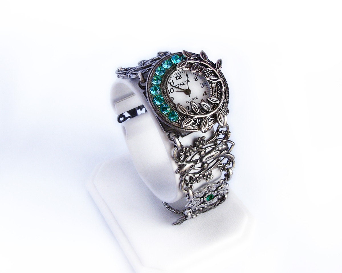 Blue Zircon Silver wrist watch bracelet Gothic women's Victorian Jewelry