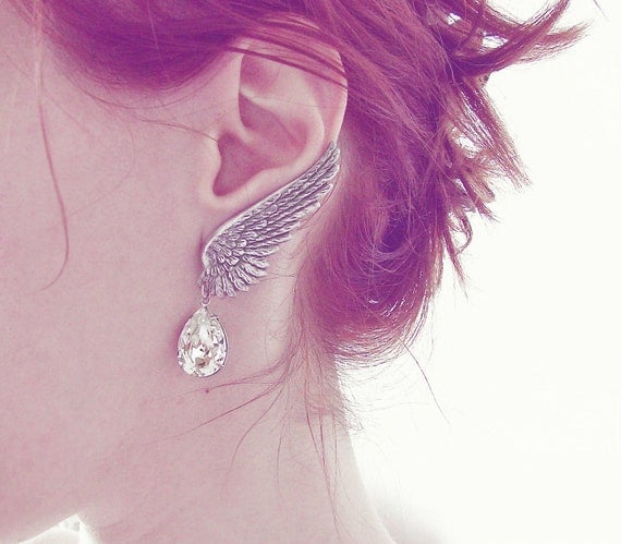 Crystal Bridal Earrings Clear Swarovski Drop Clip On SILVER Wing Earrings