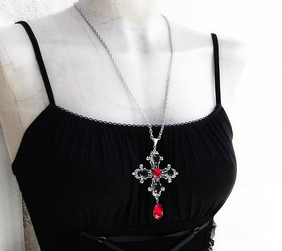 Gothic Cross Necklace Pendant Purple Black Swarovski Silver Gothic Jewelry
