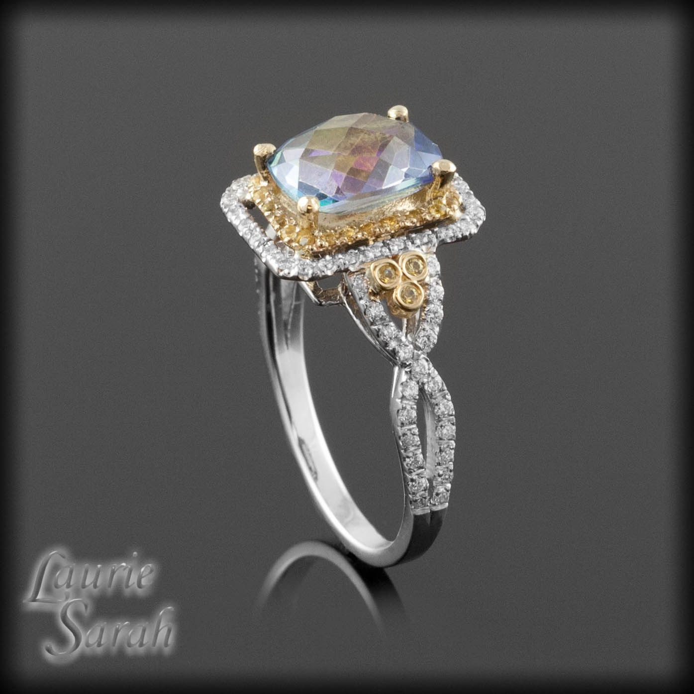 Mystic Blue Topaz, Yellow Sapphire, and Diamond Two Tone Ring - LS643
