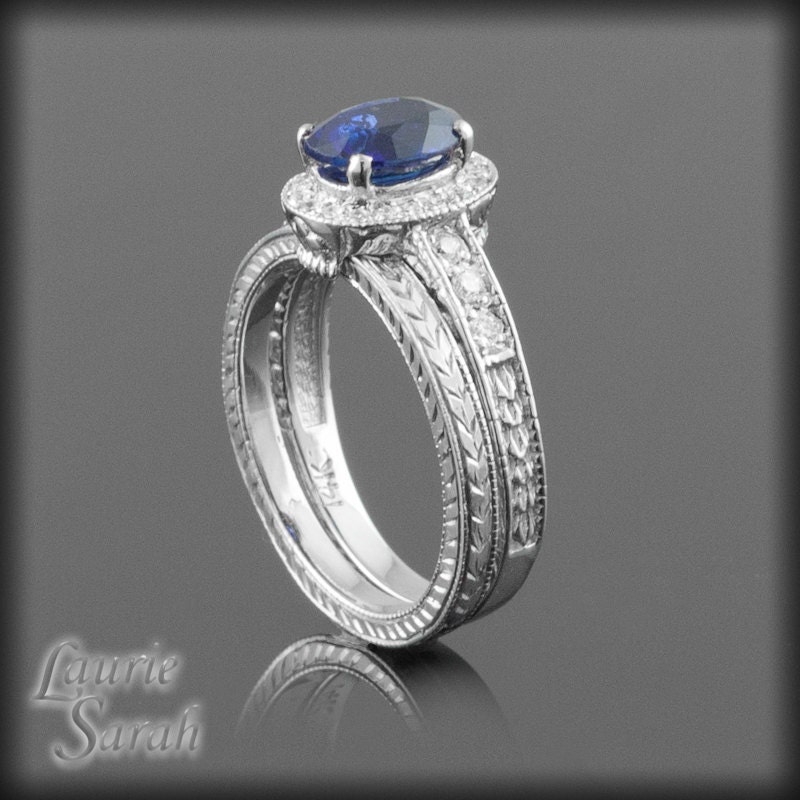 Engraved Oval Sapphire and Diamond Halo Hand Engraved Wedding Set - Vintage inspired - LS2288