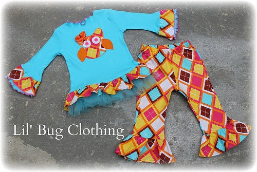 Custom Boutique Fall Argyle Diamond  Owl Tulle Tee and Pant Fall Set Birthday Girl Available in sizes 3m 6m 9m 12 18 24 2t 3t 4t 5t 6 girl