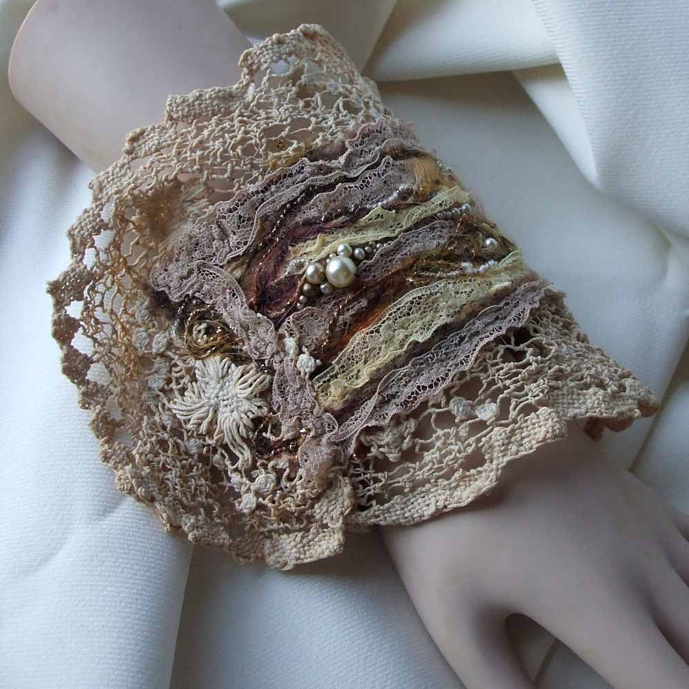 Antique Victorian Fiber Beaded Special Occasion Cuff Bracelet Ivory