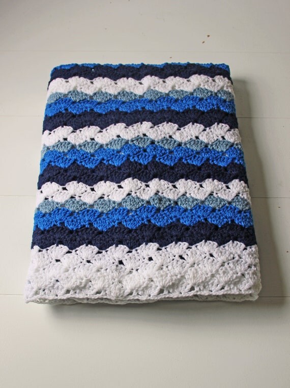 striped blue and white crochet afghan woven by ModishVintage