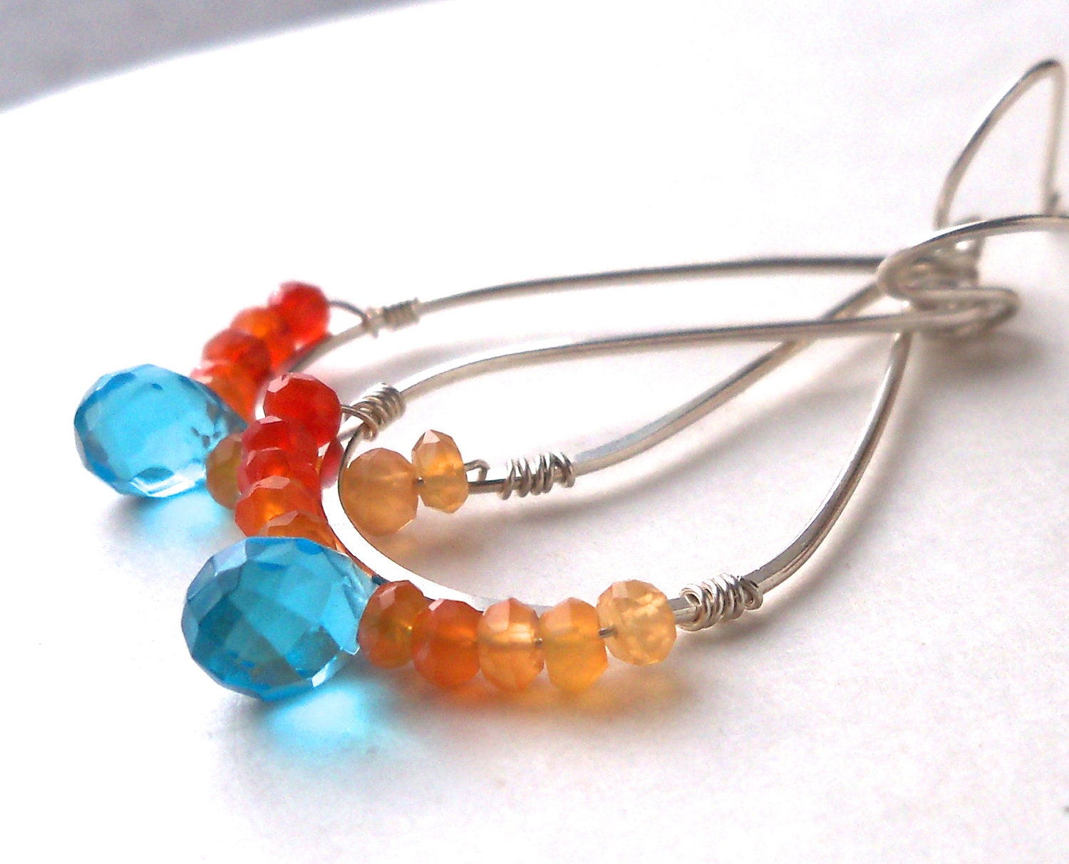 Gemstone Dangle Silver Hoop Earrings, Colorful Stone Boho Jewelry, Shaded Carnelian, Teal Blue Quartz