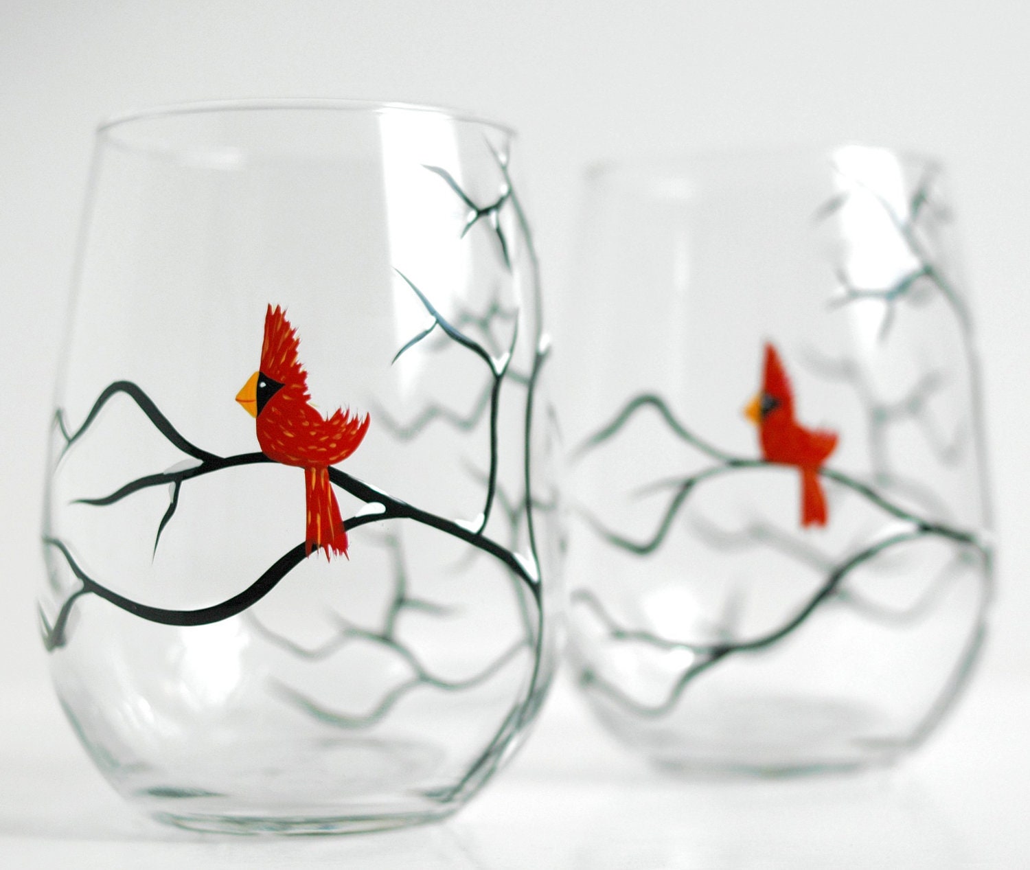 Christmas Cardinal Stemless Wine Glasses--Set of 2 Hand Painted Wine Glasses