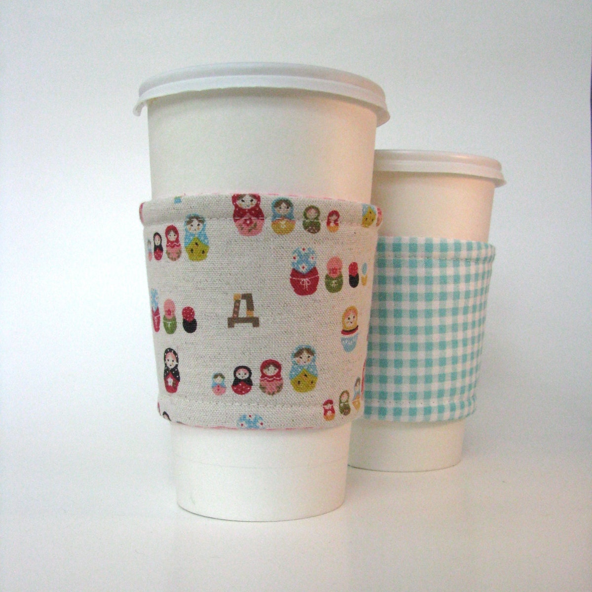 Reusable Reversible Coffee Sleeve - Matryoshka Dolls on oatmeal with blue teal gingham