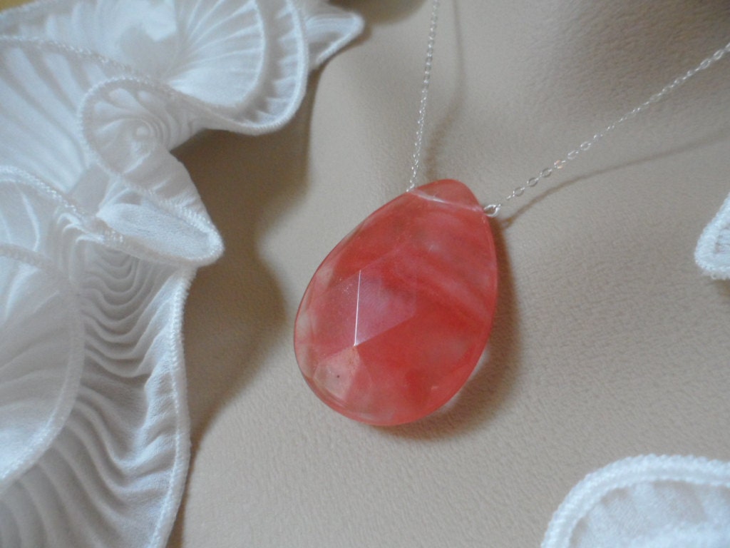 Bold and Huge Cherry Quartz and Sterling Silver Necklace - Statement Necklace