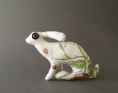 winter roses and leaves tiny Hare   Baby Hare tiny plush fabric Ornament brown roses Soft Sculpture xmas tree decoration No3