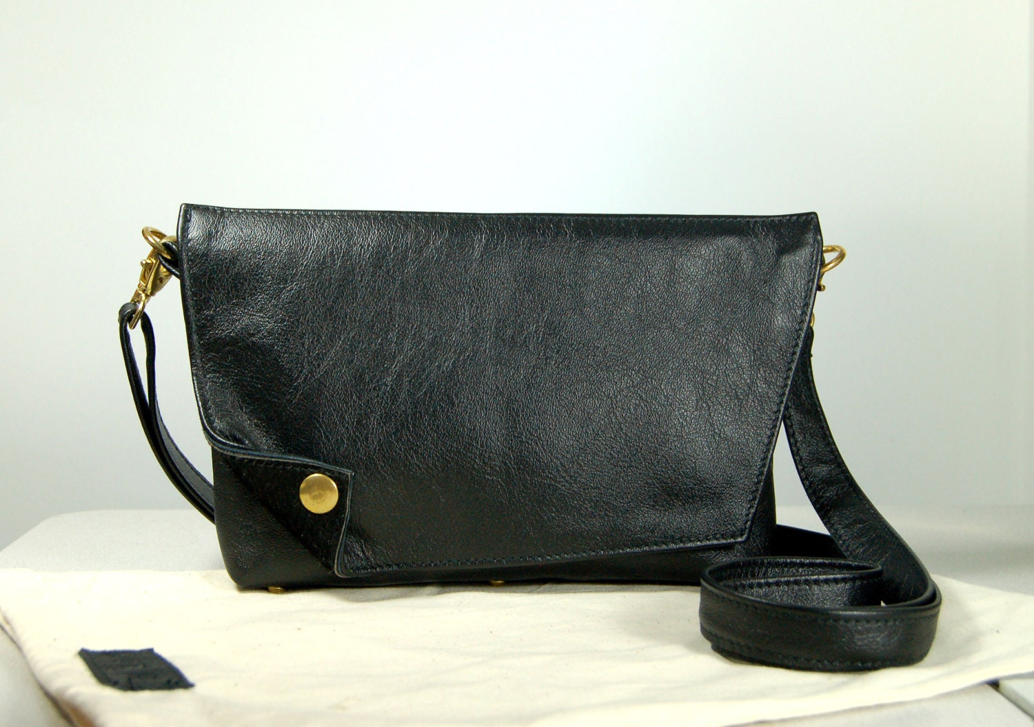 Aurelie, Handmade black leather shoulder / clutch bag.