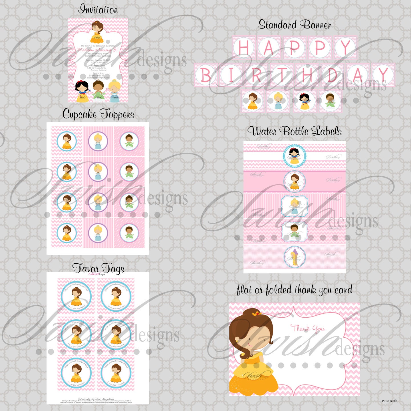 Princess Birthday Party - Printable DIY Includes custom 5x7 invite, favor tags, cupcake toppers, water bottle labels and more Il_570xn