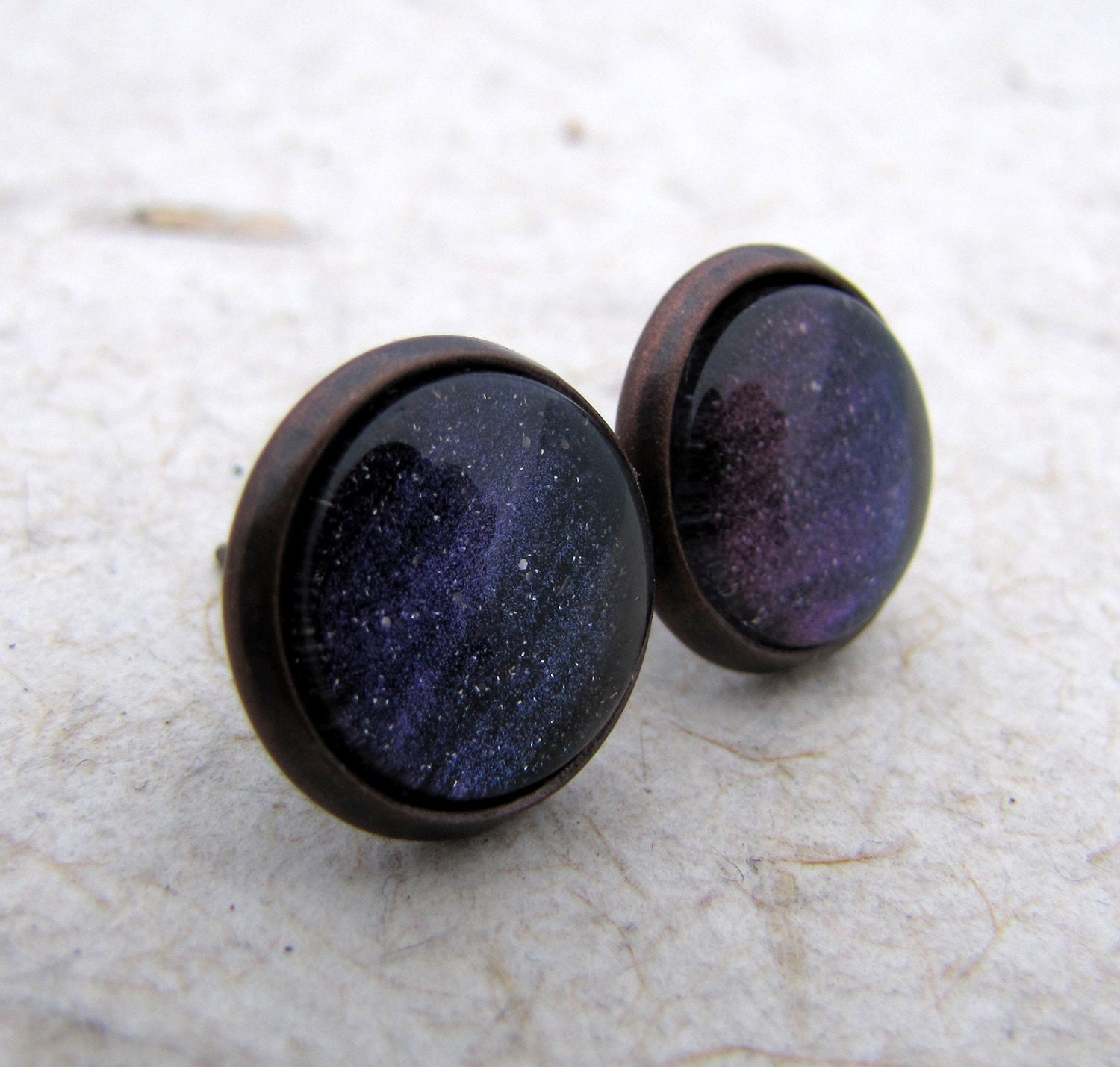 Aurora Borealis Post Earrings - Antiqued Copper - Blue Purple Night Sky
