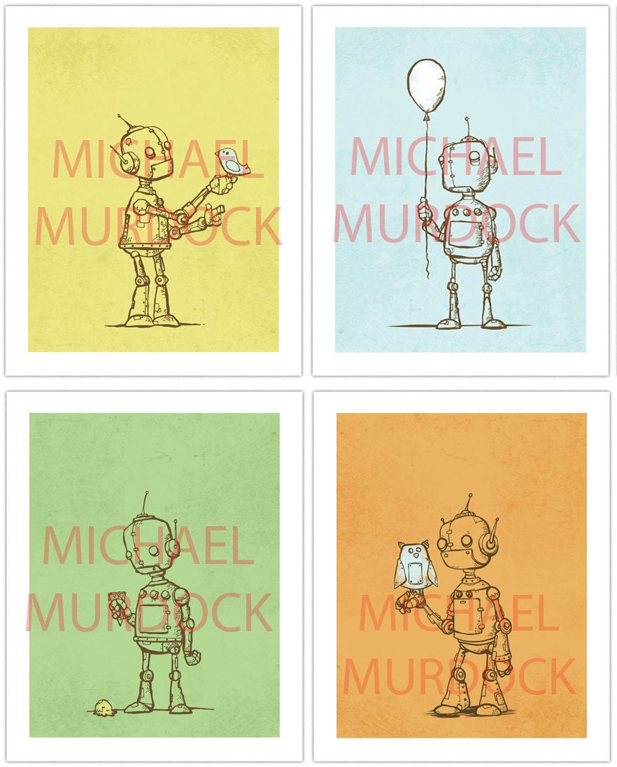 Cute Robot Art Prints - 4 pack - 11x14