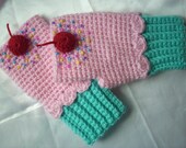 Ready To Ship Turquoise Pink Cupcake Mittens Crochet Fingerless Texting Gloves