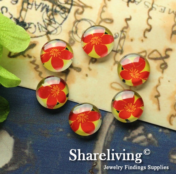 10pcs 12mm Handmade Photo Glass Cabs Cabochons (Red Flower)  -- BCH193P