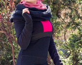 Upcycled OverSized Patchwork Hooded Futuristic Cocoon Sweater Tunic With OverSized Turtle Neck by Janice Louise Miller