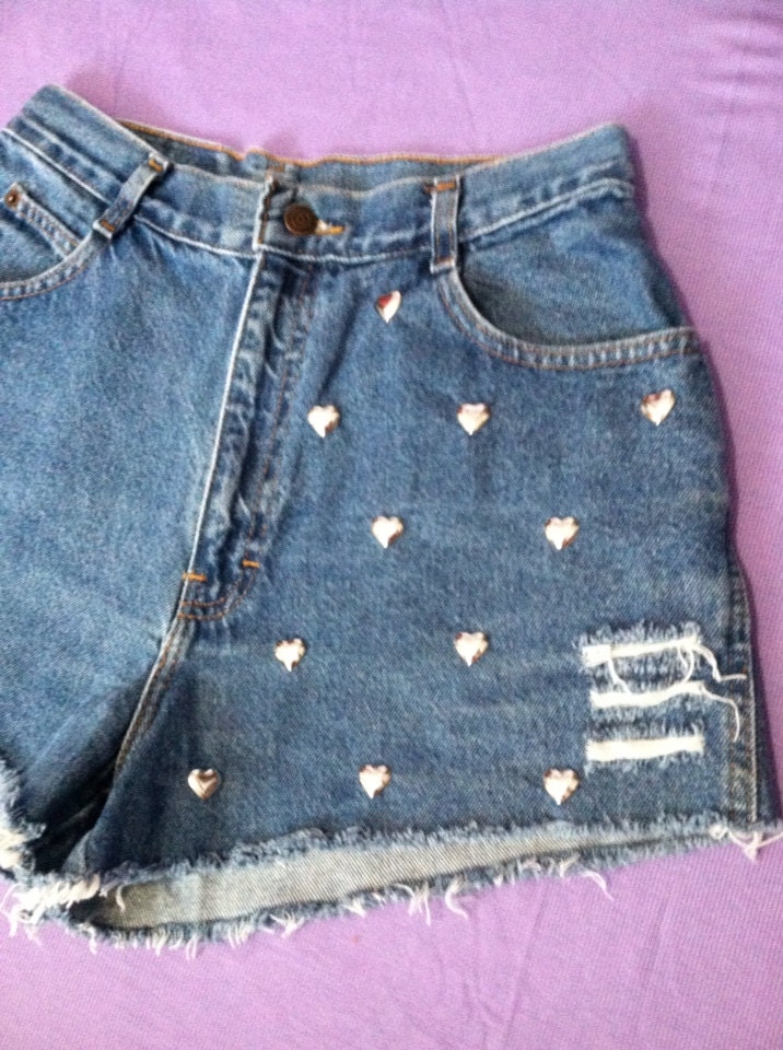high waist heart studded distressed jean shorts (size 10)
