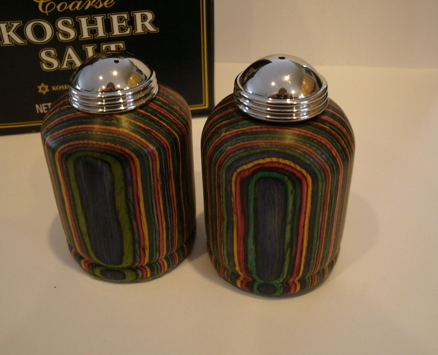 Hand Turned Color Laminated Wood Salt & Pepper Shakers