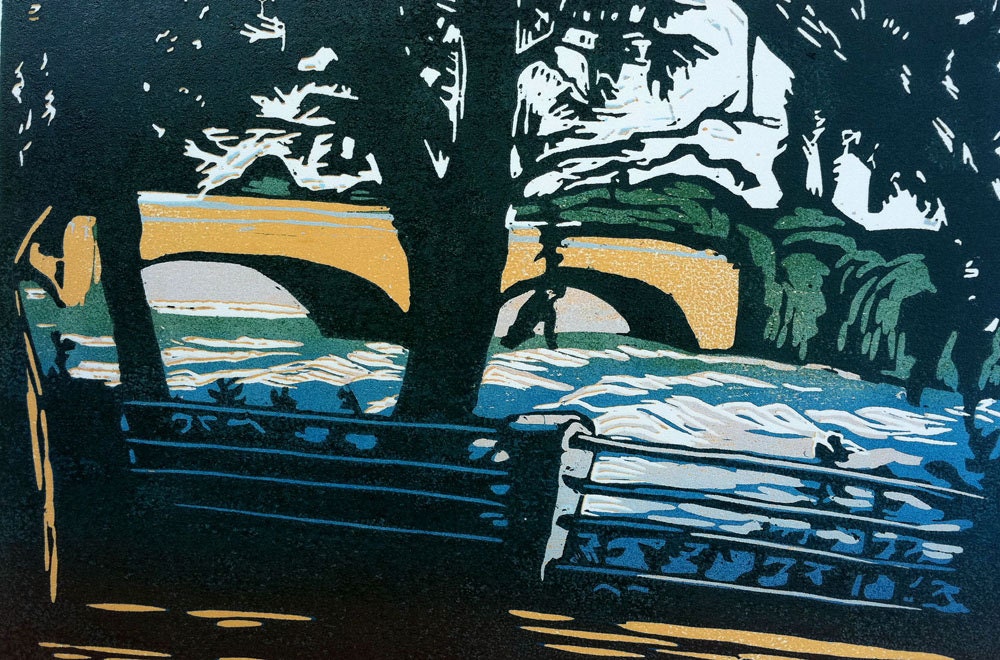 Nature Art, River, Bridge, Trees, Green and Blue, Woodblock Print "Niagara River"