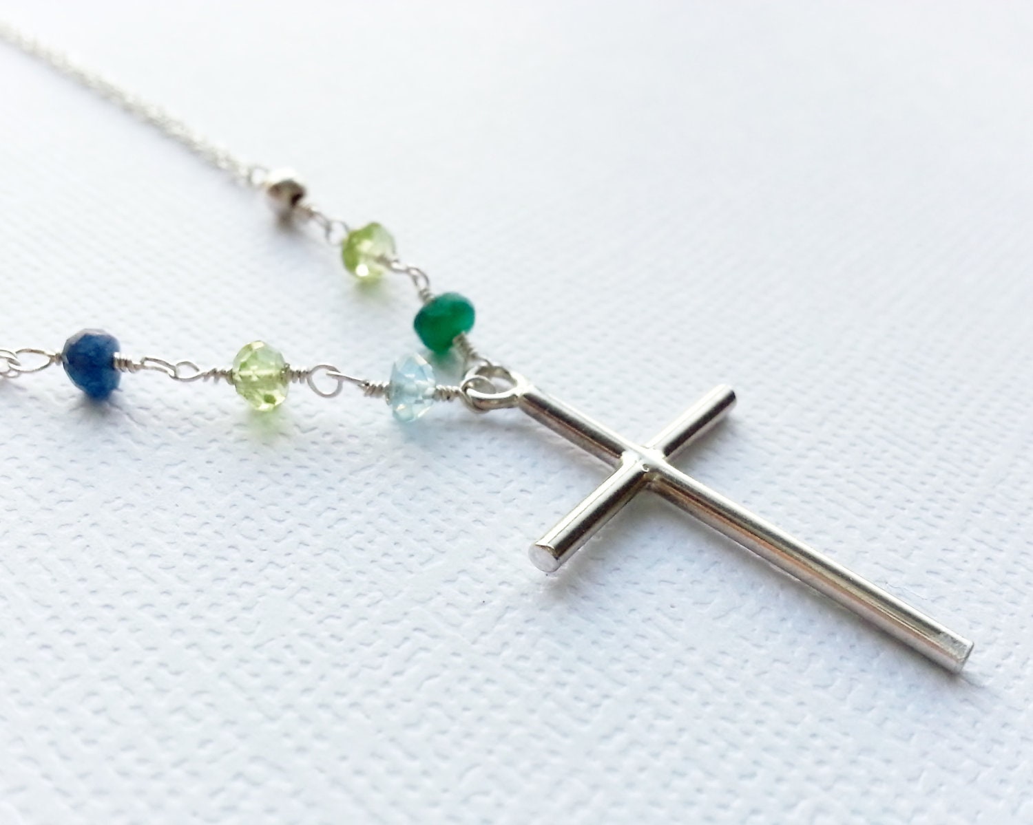 Cross Necklace, Birthstone Necklace, Handforged Sterling Silver Cross Mother's Necklace Personalized