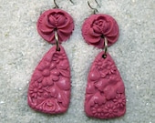 Bright Pink Carved Look Floral Drop Earrings