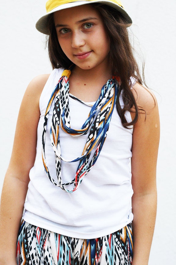 Unique GEOMETRIC statement spagetti fringe knit jersey fabric and ribbon necklace
