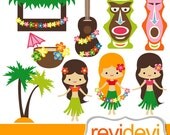 Clipart Luau Party 07419.. Commercial use digital clip arts.. Hawaiian girls, tiki bar,banjo, coconut tree images