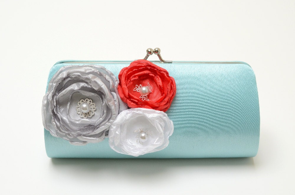 Bridesmaid Clutch Bridal Clutch in Dusty Aqua Seafoam - Silver Red & White Flower Blossoms - Bouquet Alternative