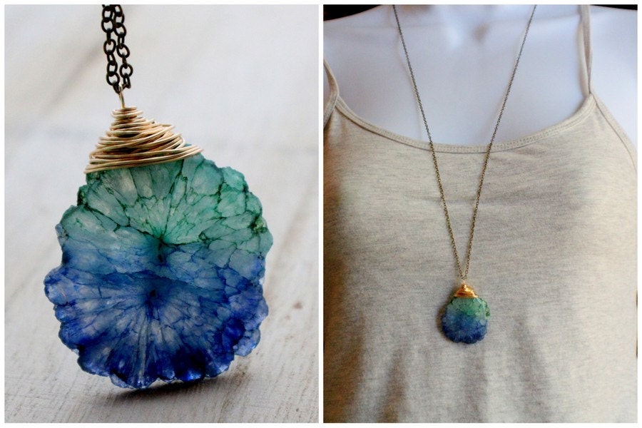 Stalactite Necklace, Blue Green Bi-Color Stone In Brass, Long Mineral Necklace, Fall Fashion - Sail Away