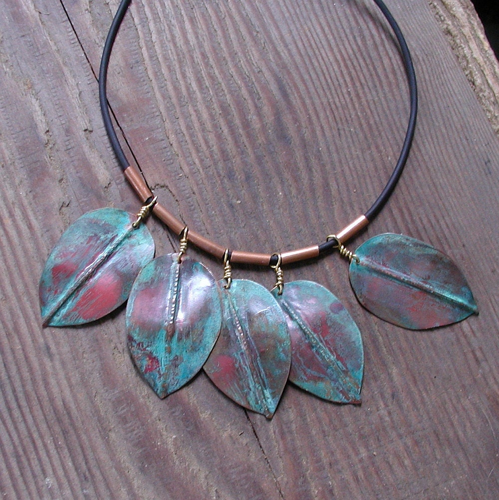 Copper Leaf Necklace with Patinas Red and Blue Green