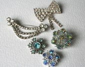 Vintage Brooches Blue Sparkly Collection Bows Snow Flakes Rhinestone Crystals