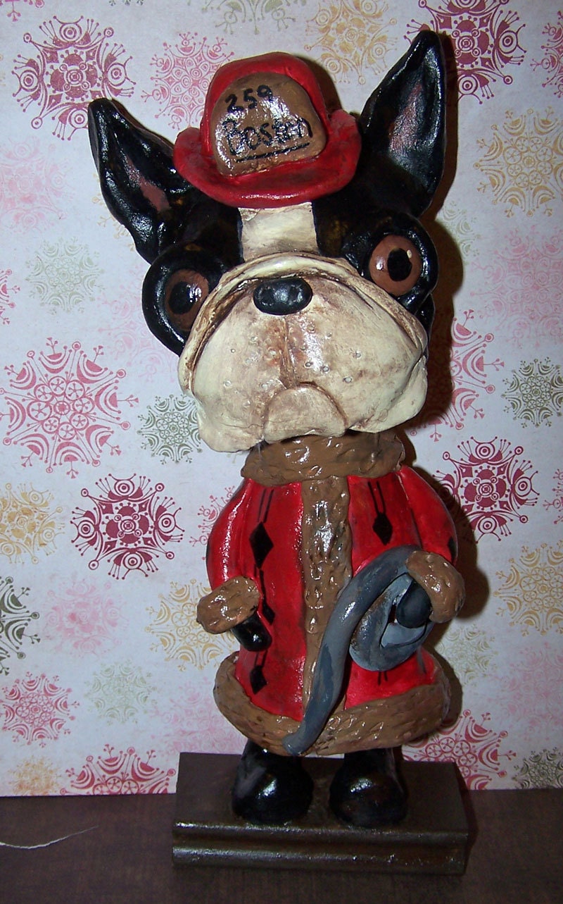 Folk Art Boston Terrier Dog Fire Fighter Santa Clause Ooak Doll Primitive 3 D Art Doll