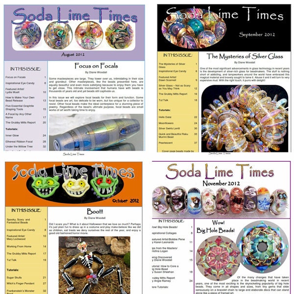 Back issue bundle - 4 issues of the Soda Lime Times Lampworking Magazine - August 2012 through Nov. 2012 by Diane Woodall