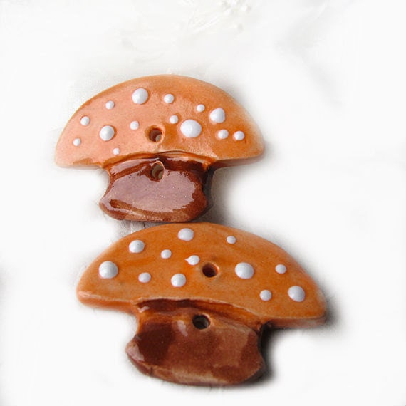 Handmade Ceramic Buttons  Rusty Orange Mushrooms Polka Dots