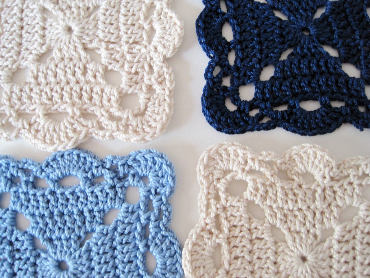 Granny Square Coasters in Beach Cottage Blues & Ecru - Crocheted Shabby Chic Cotton Lace Mini Doilies for Drinks or Crafts - Navy, Sky, Ecru