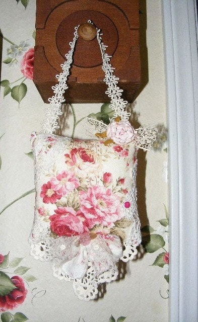Pink Rose Country Shabby Chic Shelf Sitter or Hanging Sachet Pillow