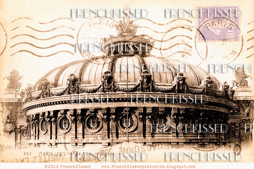 Instant Download PARIS Opera House Antique French Postcard Sepia Lavender Stamp Digital Scan