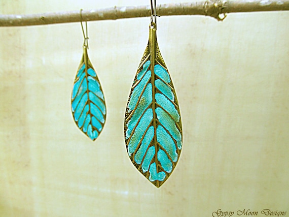 boho Leaf earrings turquoise mint Bohemian jewelry metal Feather earrings Patina earrings dangle