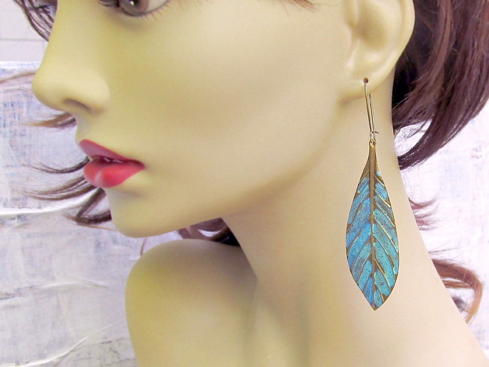 Leaf earrings Montana Skies feather earrings dangle Patina jewelry Magazine Featured