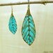 boho Leaf earrings turquoise mint Bohemian jewelry metal Feather earrings Patina earrings dangle