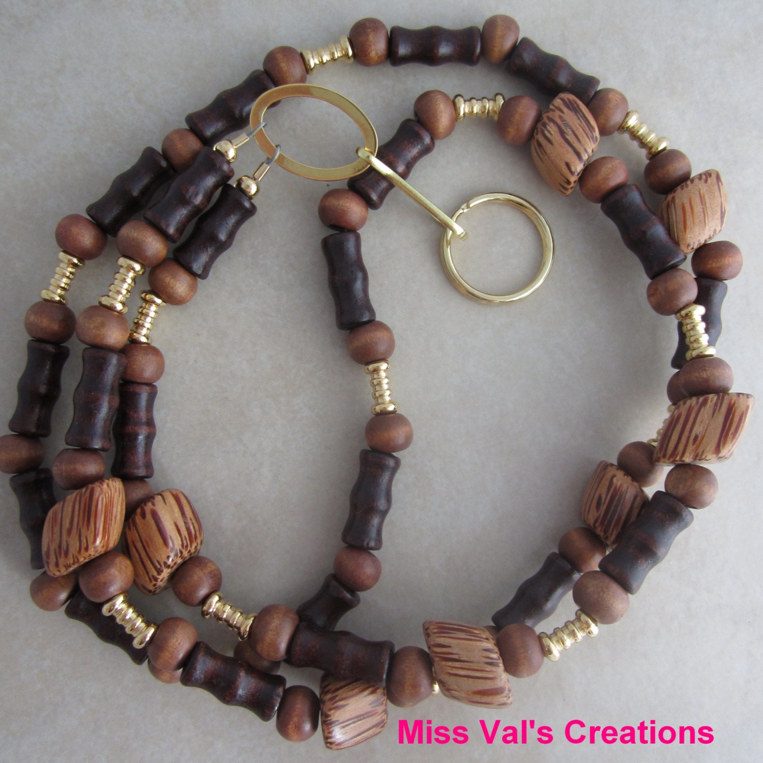 Brown Wood and Gold Beaded Lanyard Badge ID Holder - missvalscreations