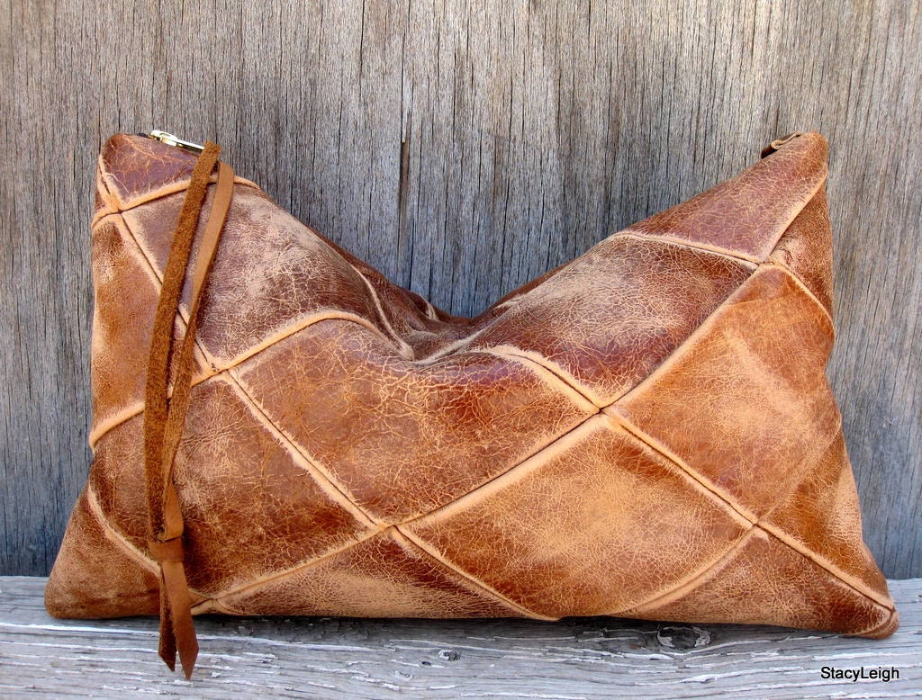 Leather Clutch Bag in Honey Brown Distressed Diamond Aniline Leather by Stacy Leigh