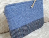 Sky Blue Wool and Blue Tweed Zip Pouch, Recycled Wool Clutch