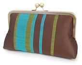 Teal stripe clutch : Embroidered silk purse for wedding / bridal / party