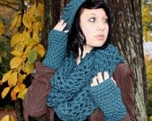 Oversized slouch hat fingerless gloves chunky vegan cowl hood scarf set Teal Blue
