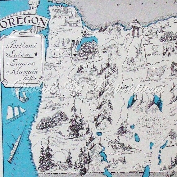 Oregon Map - Vintage Map of Oregon - A Fun a Funky Little 1930s Picture Map of Oregon to Frame