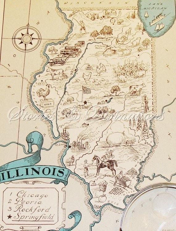Illinois Map - Vintage Illinois Map - A Fun and Funky Little 1930s Picture Map to Frame